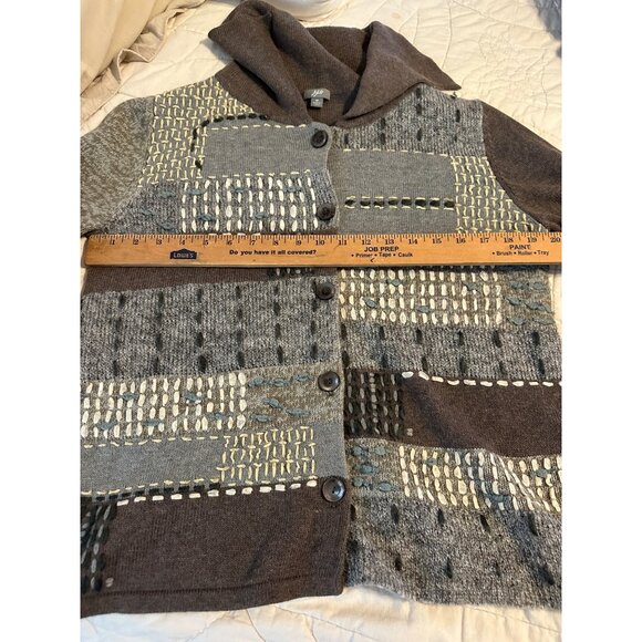 J Jill Patchwork Wool Blend Cardigan Sweater Chunky Mixed Knit Heather Pewter M - Picture 6 of 16